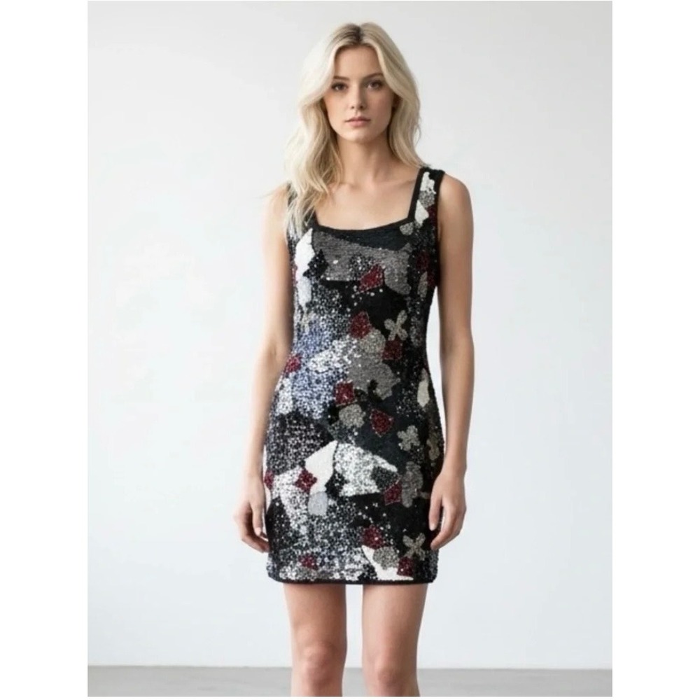 Oleg Cassini 1980 Vintage Black Silver Sequin Silk Mini Dress Scoop Back M